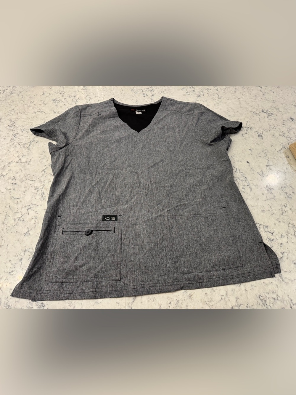 Koi Women’s Large V-Neck Heathered Gray Scrub Top Like new.